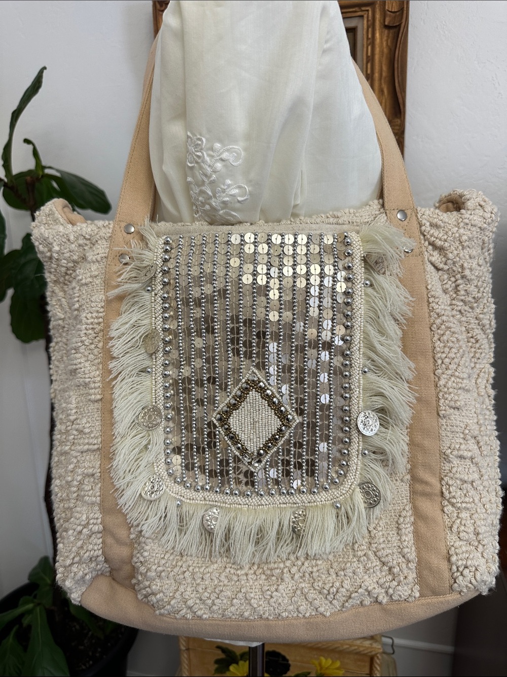 Boho Sequin Fringe Tote Bag - Beige Women’s Shoulder Tote